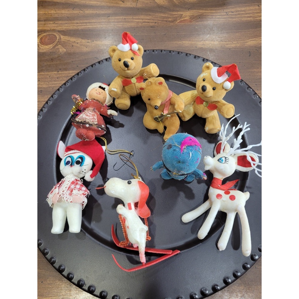 vintage flocked Deer Bear christmas ornaments Lot of 7